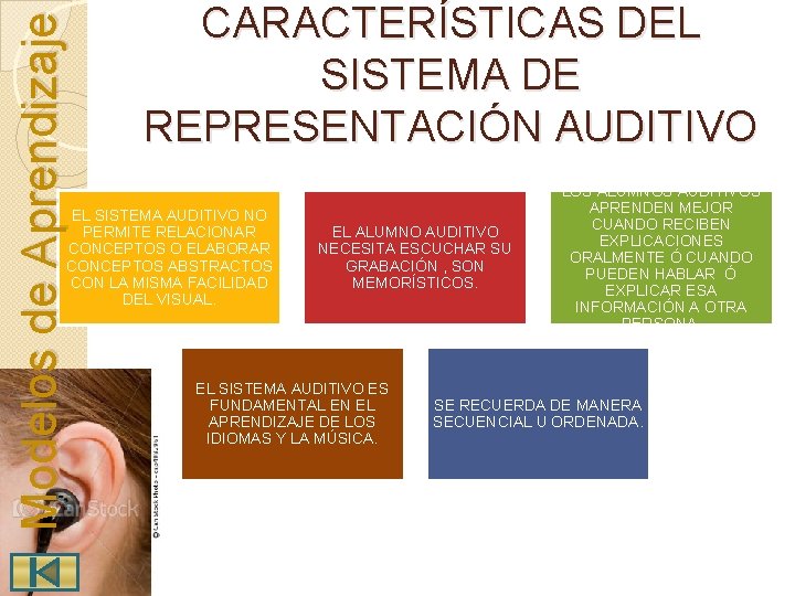 Modelos de Aprendizaje CARACTERÍSTICAS DEL SISTEMA DE REPRESENTACIÓN AUDITIVO EL SISTEMA AUDITIVO NO PERMITE