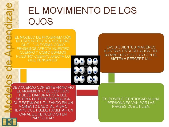 Modelos de Aprendizaje EL MOVIMIENTO DE LOS OJOS EL MODELO DE PROGRAMACIÓN NEUROLINGÙÍSTICA SOSTIENE