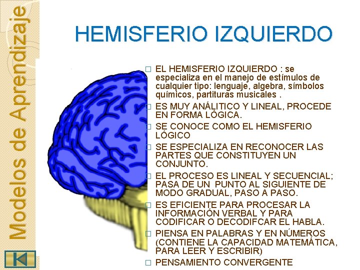 Modelos de Aprendizaje HEMISFERIO IZQUIERDO � � � � EL HEMISFERIO IZQUIERDO : se