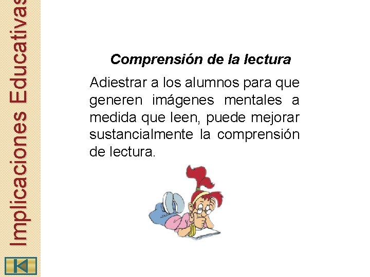 Implicaciones Educativa Comprensión de la lectura Adiestrar a los alumnos para que generen imágenes