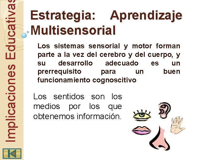 Implicaciones Educativa Estrategia: Aprendizaje Multisensorial Los sistemas sensorial y motor forman parte a la