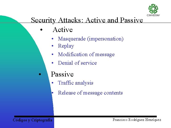 Security Attacks: Active and Passive • Active • • • Masquerade (impersonation) Replay Modification