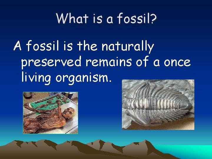 What is a fossil? A fossil is the naturally preserved remains of a once