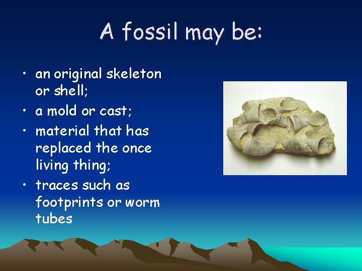 A fossil may be: • an original skeleton or shell; • a mold or