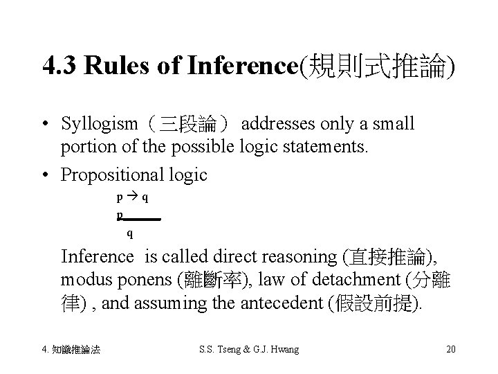 4. 3 Rules of Inference(規則式推論) • Syllogism（三段論） addresses only a small portion of the