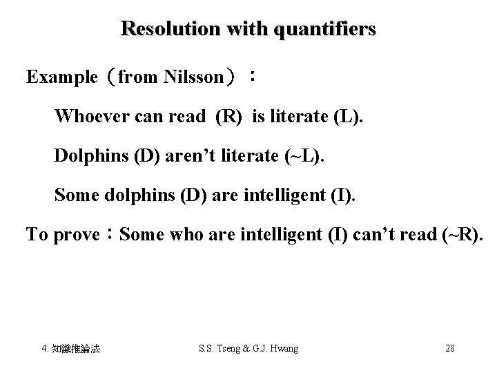 Resolution with quantifiers Example（from Nilsson）： Whoever can read (R) is literate (L). Dolphins (D)