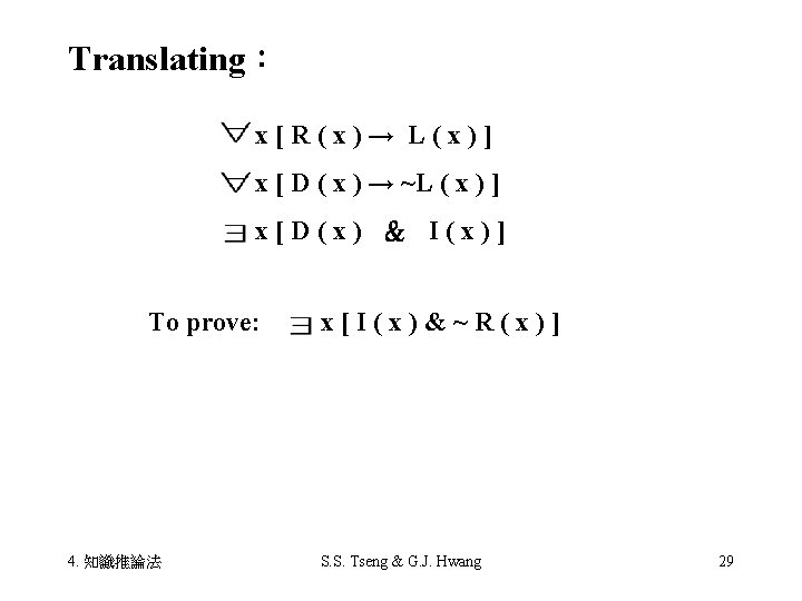 Translating： x[R(x)→ L(x)] x [ D ( x ) → ~L ( x )