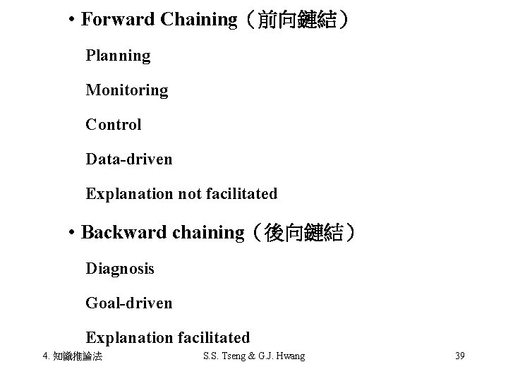  • Forward Chaining（前向鏈結） 　Planning 　Monitoring 　Control 　Data-driven 　Explanation not facilitated • Backward chaining（後向鏈結）