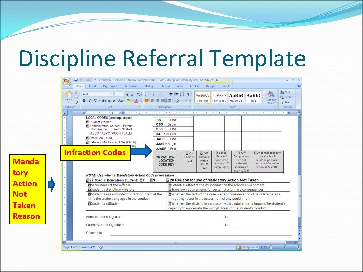 Discipline Referral Template Manda tory Action Not Taken Reason Infraction Codes 