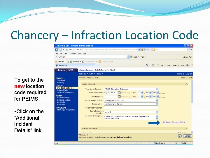 Chancery – Infraction Location Code To get to the new location code required for