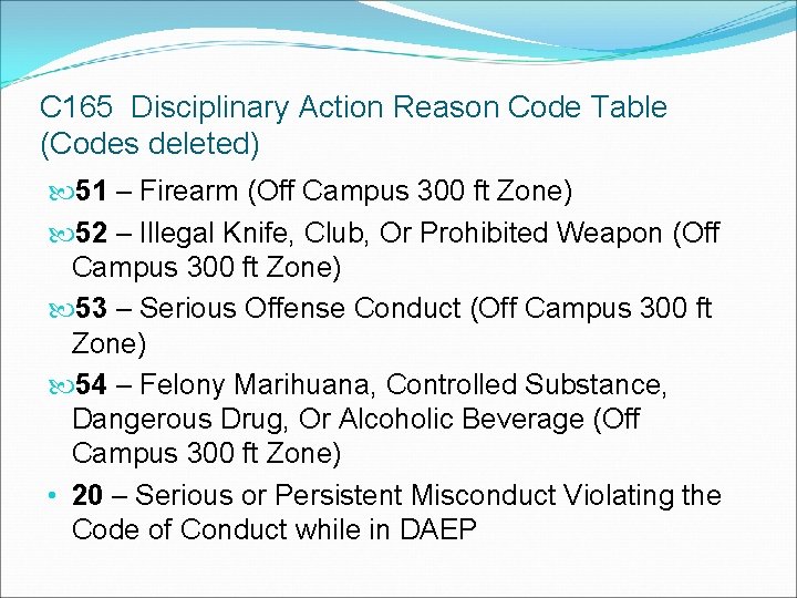 C 165 Disciplinary Action Reason Code Table (Codes deleted) 51 – Firearm (Off Campus