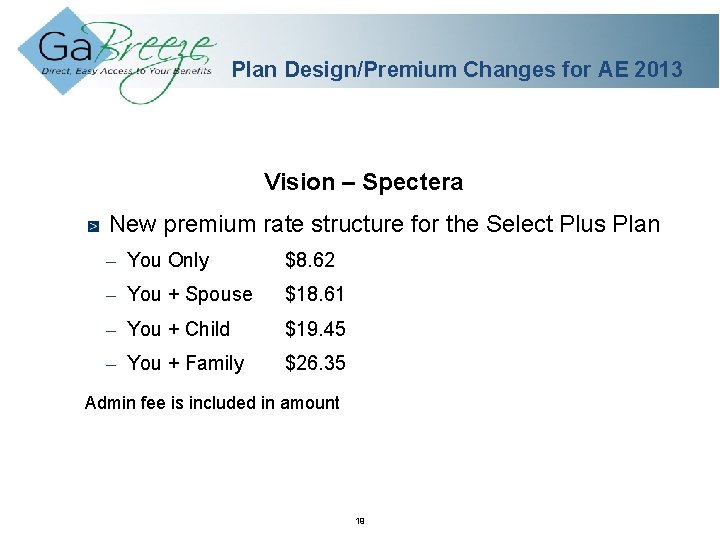 Plan Design/Premium Changes for AE 2013 Vision – Spectera New premium rate structure for