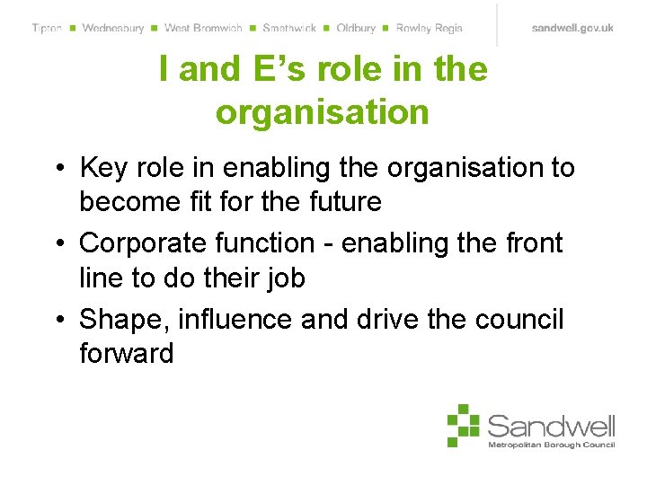 I and E’s role in the organisation • Key role in enabling the organisation