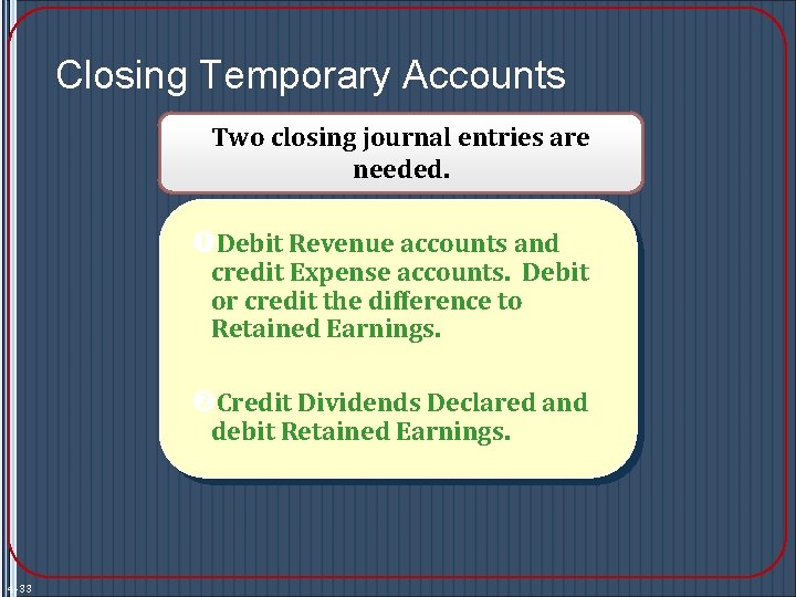 Closing Temporary Accounts Two closing journal entries are needed. Debit Revenue accounts and credit