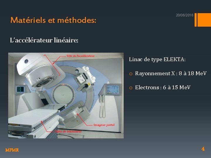 Matériels et méthodes: 20/06/2016 L’accélérateur linéaire: Linac de type ELEKTA: o Rayonnement X :