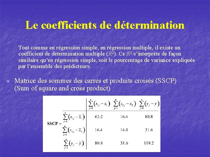 Le coefficients de détermination Tout comme en régression simple, en régression multiple, il existe