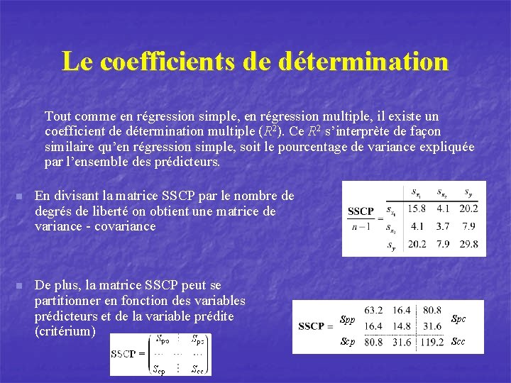 Le coefficients de détermination Tout comme en régression simple, en régression multiple, il existe