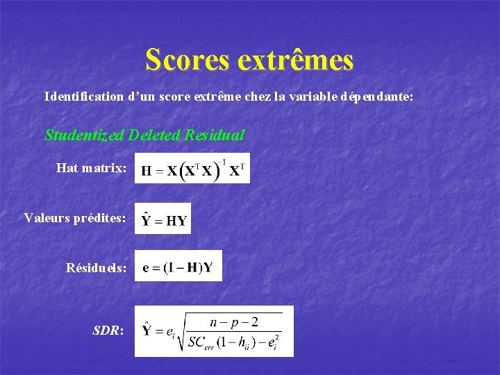 Scores extrêmes Identification d’un score extrême chez la variable dépendante: Studentized Deleted Residual Hat