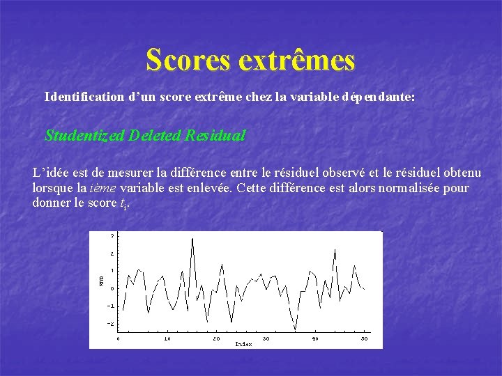 Scores extrêmes Identification d’un score extrême chez la variable dépendante: Studentized Deleted Residual L’idée