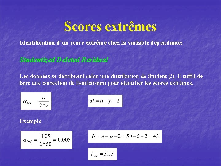 Scores extrêmes Identification d’un score extrême chez la variable dépendante: Studentized Deleted Residual Les