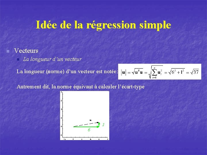 Idée de la régression simple n Vecteurs n La longueur d’un vecteur La longueur