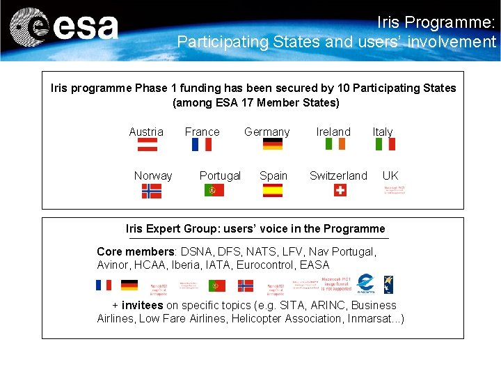 Iris Programme: Participating States and users’ involvement Iris programme Phase 1 funding has been