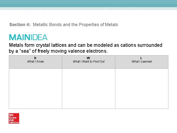 Section 4: Metallic Bonds and the Properties of Metals form crystal lattices and can