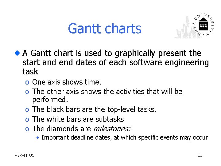 Gantt charts A Gantt chart is used to graphically present the start and end