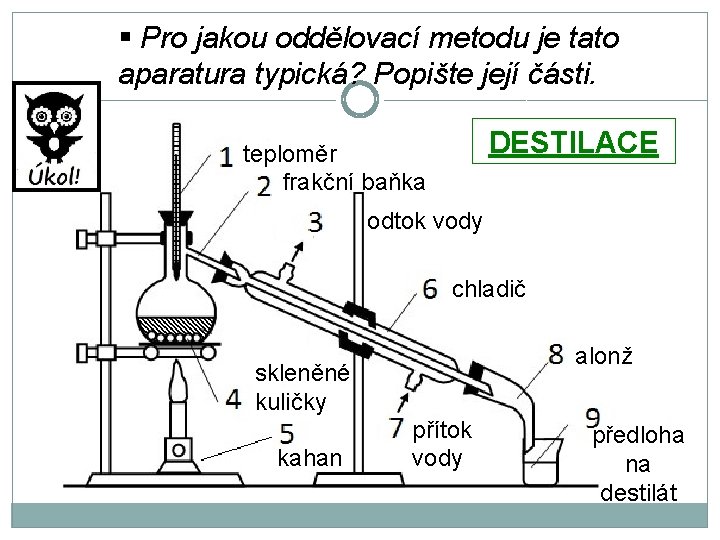 § Pro jakou oddělovací metodu je tato aparatura typická? Popište její části. DESTILACE teploměr