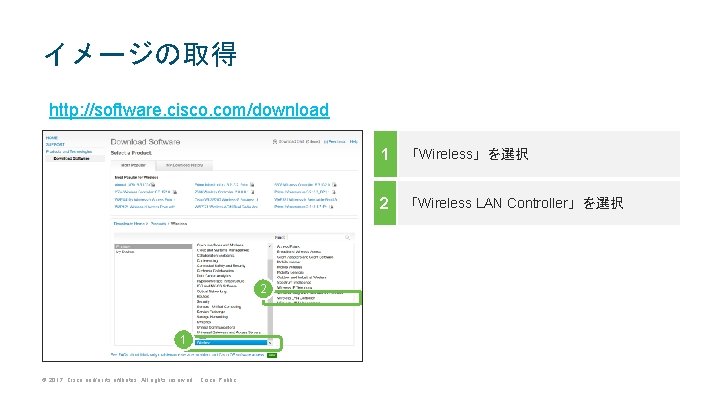 イメージの取得 http: //software. cisco. com/download 1 「Wireless」を選択 2 「Wireless LAN Controller」を選択 2 1 © イメージの取得 http: //software. cisco. com/download 1 「Wireless」を選択 2 「Wireless LAN Controller」を選択 2 1 ©
