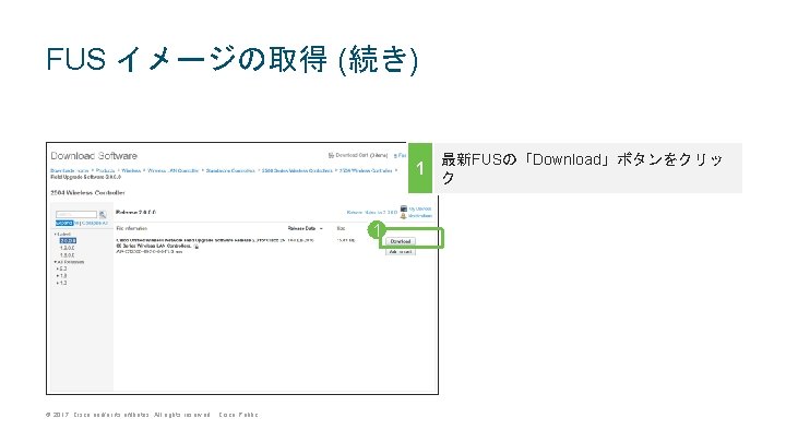 FUS イメージの取得 (続き) 最新FUSの「Download」ボタンをクリッ 1 ク 1 © 2017 Cisco and/or its affiliates. All FUS イメージの取得 (続き) 最新FUSの「Download」ボタンをクリッ 1 ク 1 © 2017 Cisco and/or its affiliates. All