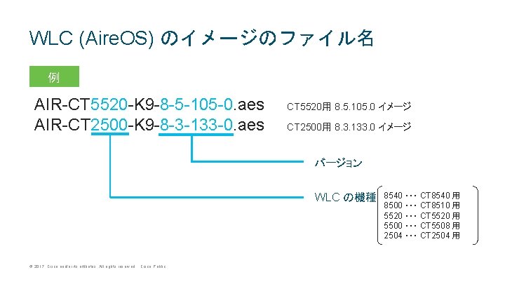WLC (Aire. OS) のイメージのファイル名 例 AIR-CT 5520 -K 9 -8 -5 -105 -0. aes WLC (Aire. OS) のイメージのファイル名 例 AIR-CT 5520 -K 9 -8 -5 -105 -0. aes