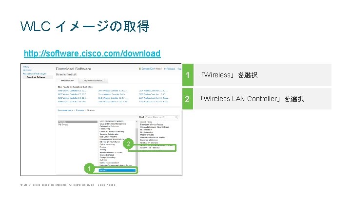WLC イメージの取得 http: //software. cisco. com/download 1 「Wireless」を選択 2 「Wireless LAN Controller」を選択 2 1 WLC イメージの取得 http: //software. cisco. com/download 1 「Wireless」を選択 2 「Wireless LAN Controller」を選択 2 1