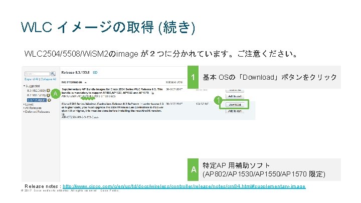 WLC イメージの取得 (続き) WLC 2504/5508/Wi. SM 2のimage が2つに分かれています。ご注意ください。 1 基本 OSの「Download」ボタンをクリック A 1 特定AP WLC イメージの取得 (続き) WLC 2504/5508/Wi. SM 2のimage が2つに分かれています。ご注意ください。 1 基本 OSの「Download」ボタンをクリック A 1 特定AP
