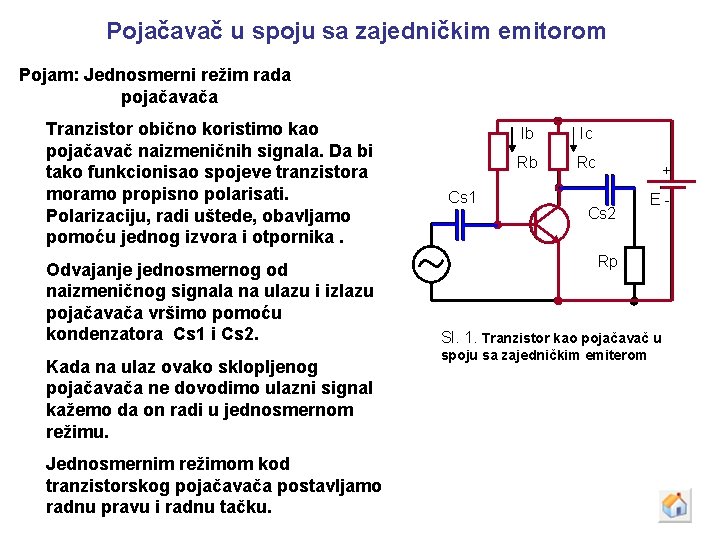 Pojačavač u spoju sa zajedničkim emitorom Pojam: Jednosmerni režim rada pojačavača Tranzistor obično koristimo