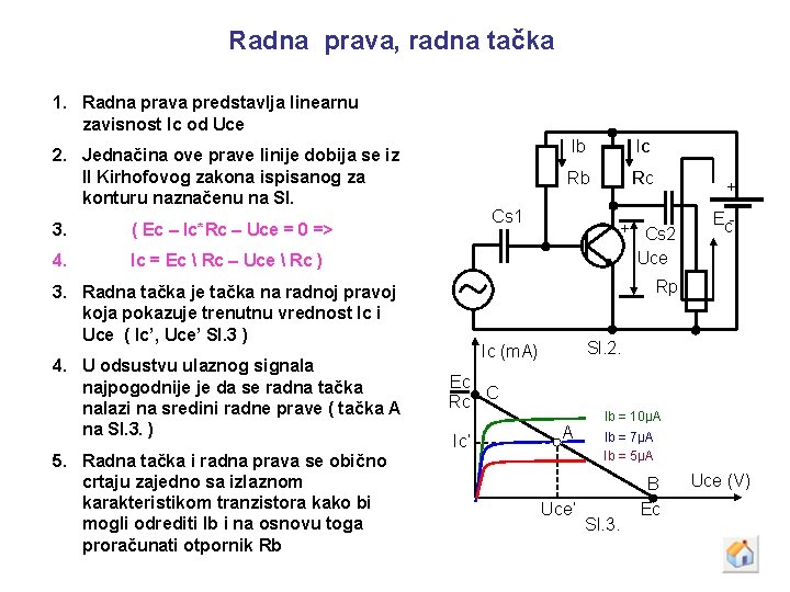 Radna prava, radna tačka 1. Radna prava predstavlja linearnu zavisnost Ic od Uce 2. Radna prava, radna tačka 1. Radna prava predstavlja linearnu zavisnost Ic od Uce 2.