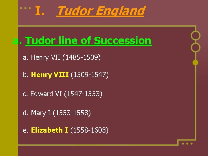 I. Tudor England a. Tudor line of Succession a. Henry VII (1485 -1509) b.