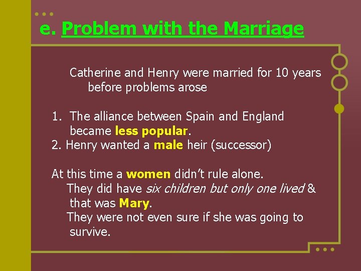 e. Problem with the Marriage Catherine and Henry were married for 10 years before