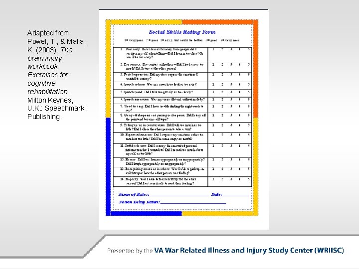 Adapted from Powel, T. , & Malia, K. (2003). The brain injury workbook: Exercises