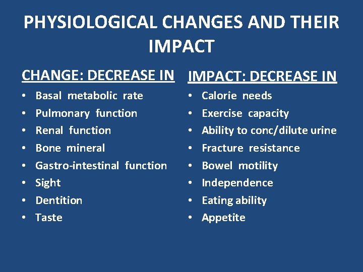 PHYSIOLOGICAL CHANGES AND THEIR IMPACT CHANGE: DECREASE IN IMPACT: DECREASE IN • • Basal