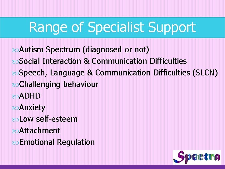 Range of Specialist Support Autism Spectrum (diagnosed or not) Social Interaction & Communication Difficulties