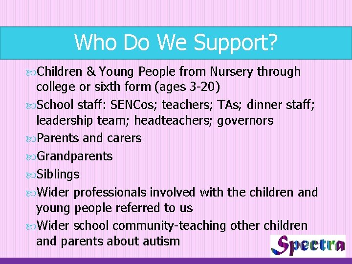 Who Do We Support? Children & Young People from Nursery through college or sixth