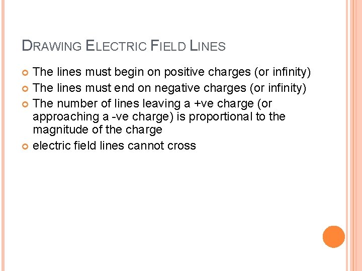 DRAWING ELECTRIC FIELD LINES The lines must begin on positive charges (or infinity) The