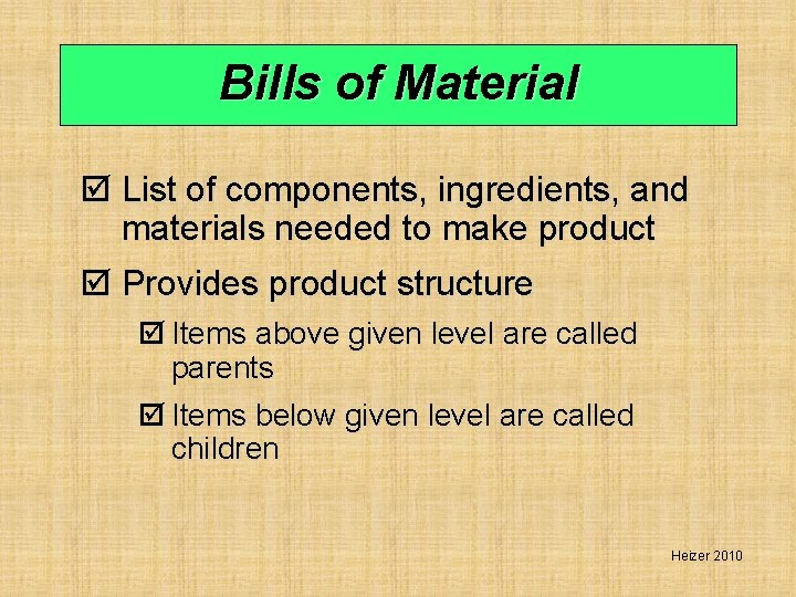 Bills of Material þ List of components, ingredients, and materials needed to make product