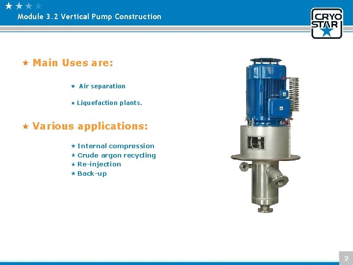 Module 3. 2 Vertical Pump Construction Main Uses are: Air separation Liquefaction plants. Various