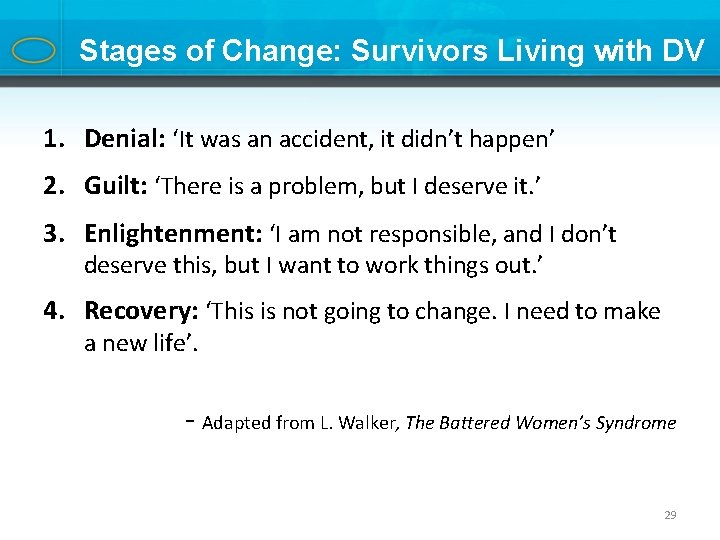 Stages of Change: Survivors Living with DV 1. Denial: ‘It was an accident, it