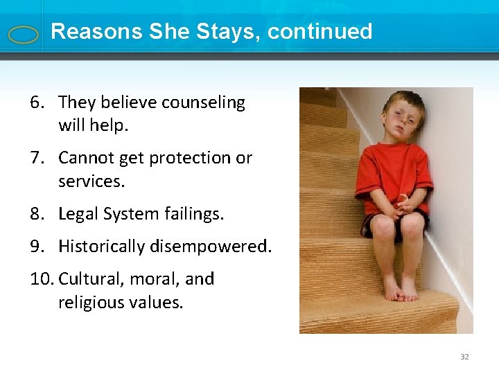 Reasons She Stays, continued 6. They believe counseling will help. 7. Cannot get protection