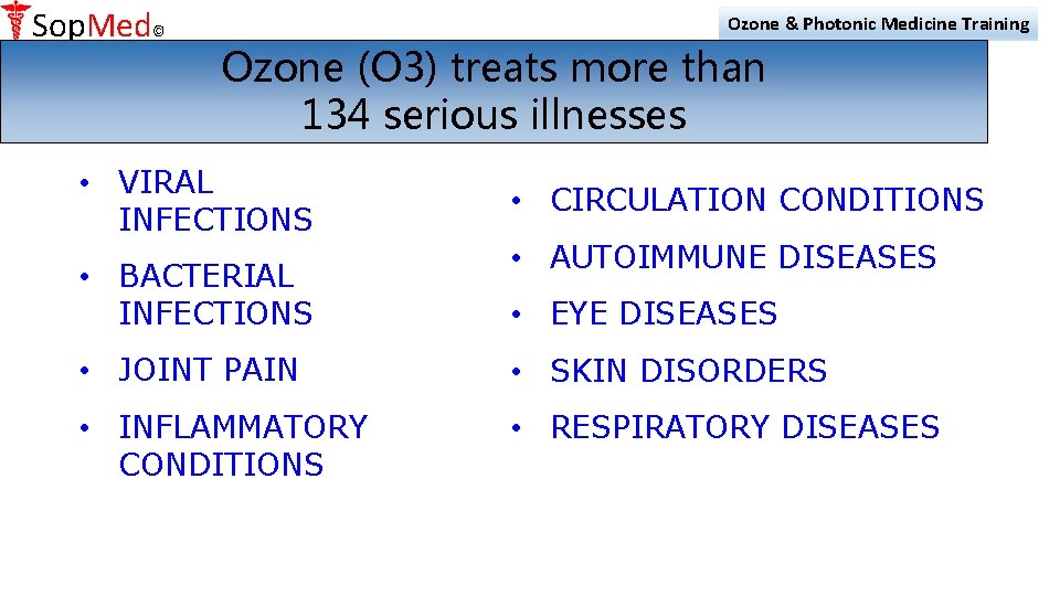 Sop. Med© Ozone & Photonic Medicine Training Ozone (O 3) treats more than 134