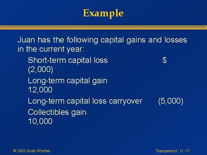 Example Juan has the following capital gains and losses in the current year: Short-term