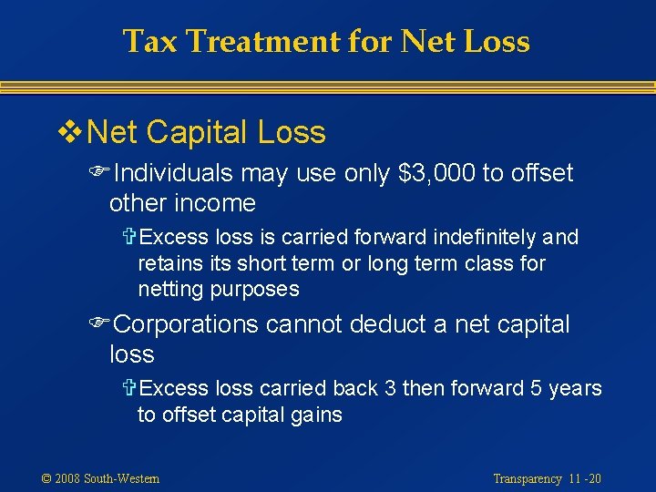 Tax Treatment for Net Loss v. Net Capital Loss FIndividuals may use only $3,